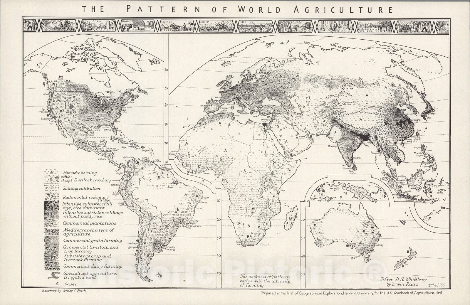 Historic Map : Pattern of World Agriculture., 1955, Vintage Wall Art