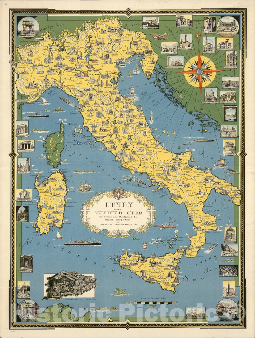 Historic Map : Italy, with Vatican City : as drawn and published by Ernest Dudley Chase, 1944, Vintage Wall Art