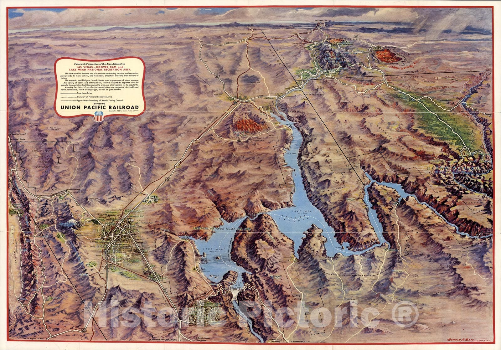 Historic Map : Panoramic Perspective of the Area Adjacent to Hoover Dam and Lake Mead Recreational Area, 1953, Vintage Wall Art