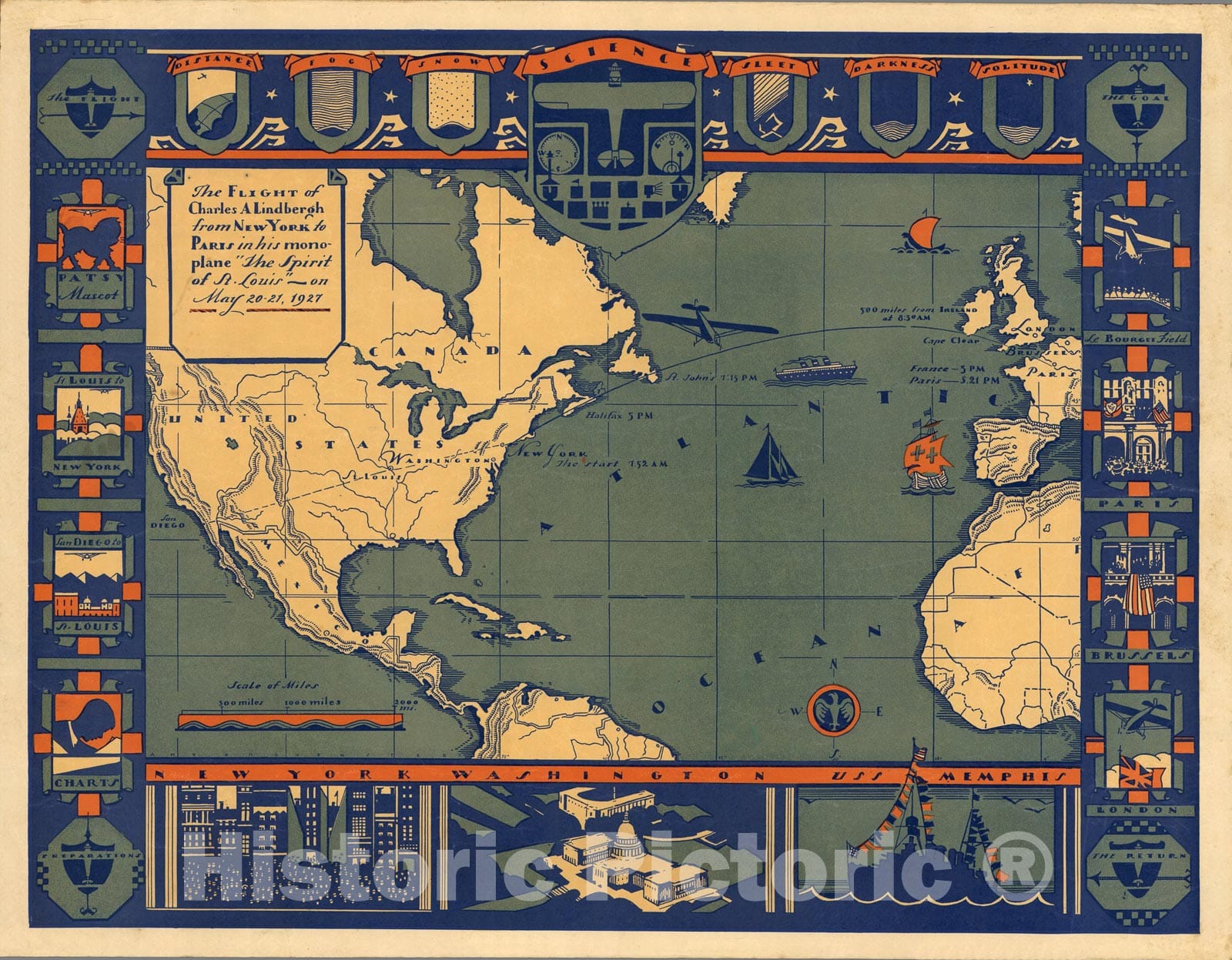 Historic Map : The Flight of Charles A. Lindbergh from New York to Paris 1927, 1927, Vintage Wall Art