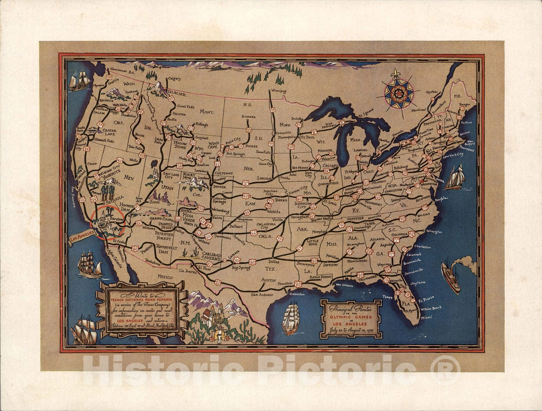 Historic Map : Principal routes to the Olympic games in Los Angeles, July thirty to August 14, 1932, 1932, Vintage Wall Art