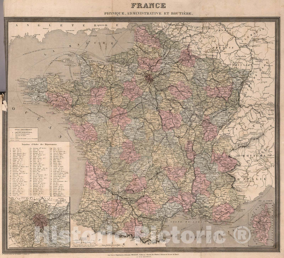 Historic Map : France, Physique, Administrative et Routiere. (inset) Paris., 1869, Vintage Wall Art