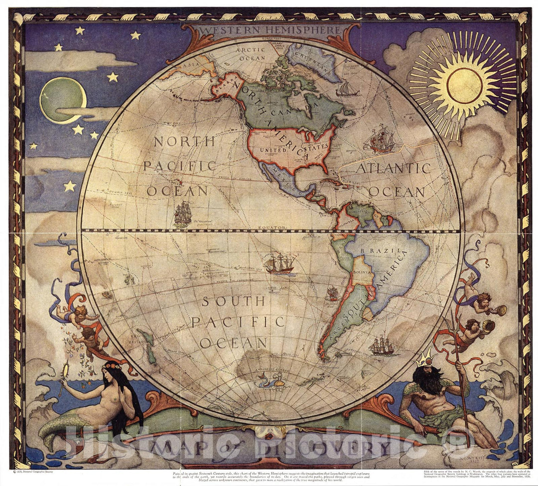 Historic Map : Western Hemisphere, Map of Discovery., 1928, Vintage Wall Art