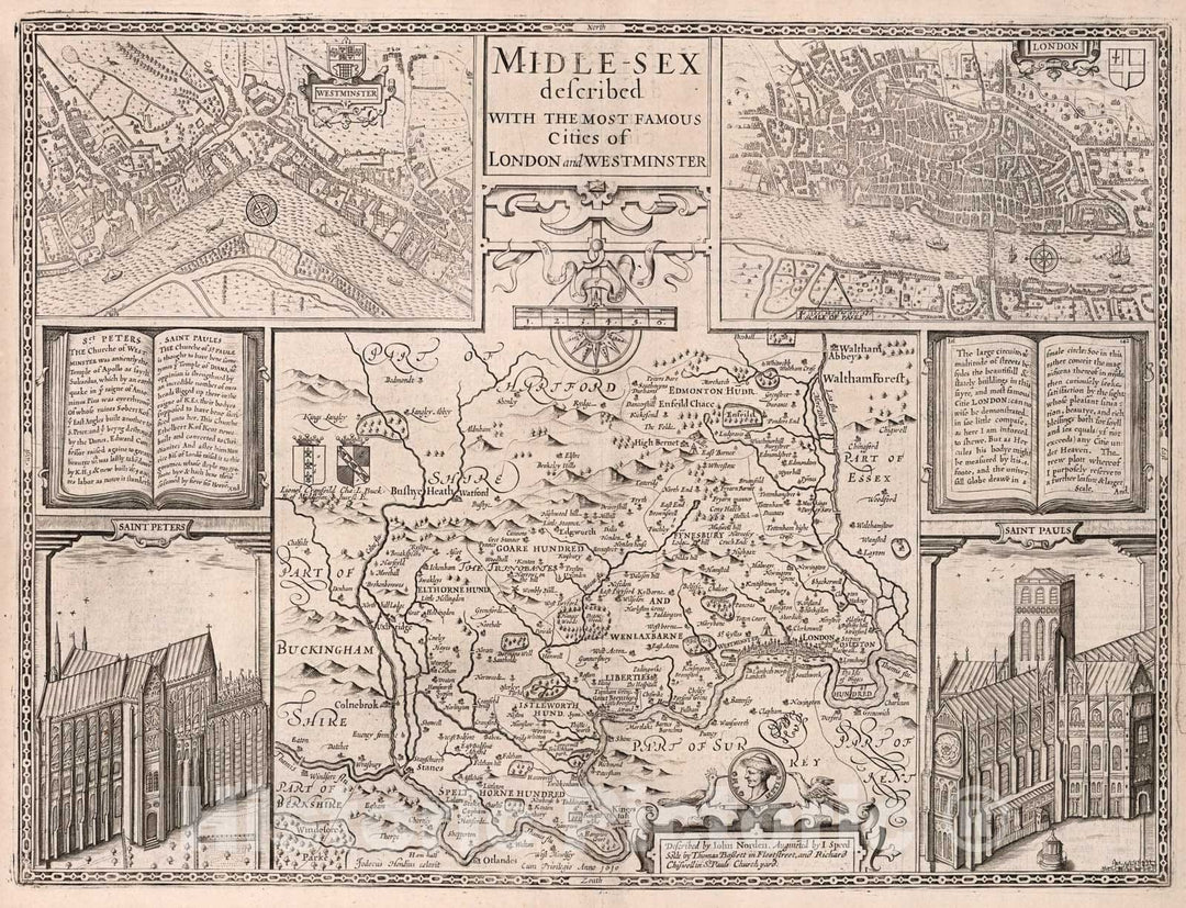 Historic Map : Midle-Sex described with the Most Famous Cities of London and Westminster., 1676, Vintage Wall Art