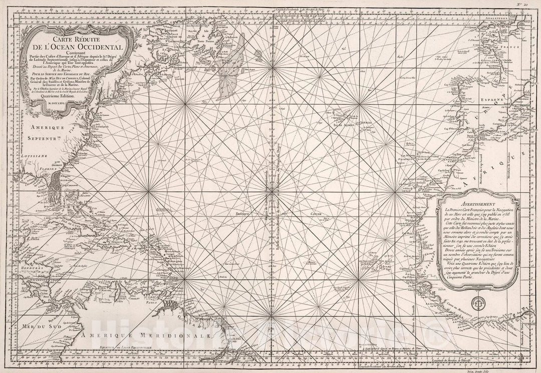 Historic Map : Carte Reduite de l'Ocean Occidental Contenant Partie des Costes d'Europe et d'Afrique., 1766, Vintage Wall Art