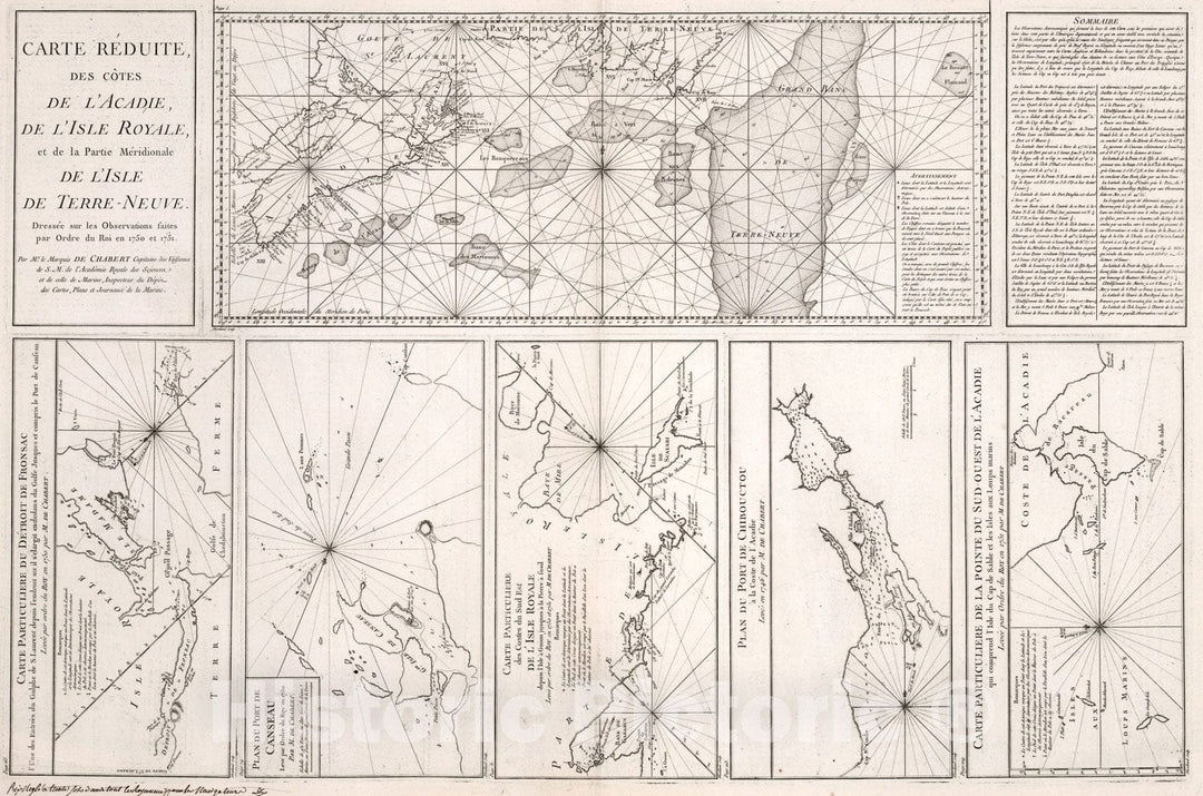 Historic Map : Detroit de Fronsac. Port de Canseau. Isle Royale. Port de Chibouctou. L'Acadie, de l'Isle de Terre-Neute., 1751, Vintage Wall Art