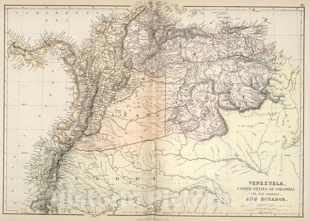 Historic Map : Venezuela, United States of Colombia (or New Granada), and Ecuador., 1882, Vintage Wall Art