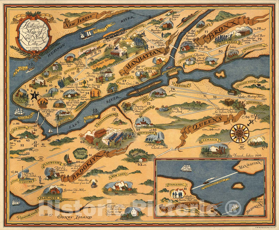 Historic Map : Historical Map of New York City., 1932, Vintage Wall Art