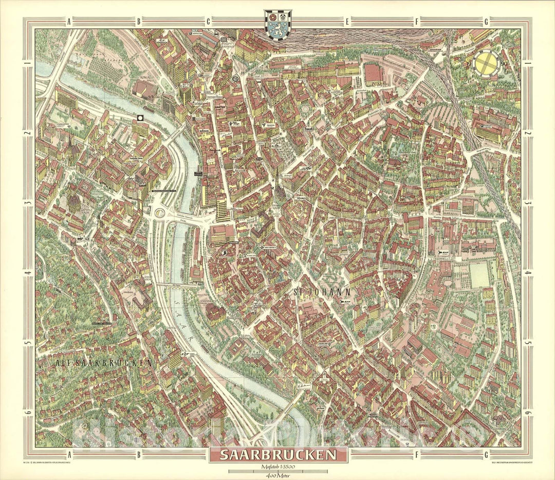 Historic Map : Saarbruecken, Germany., 1990, Vintage Wall Art