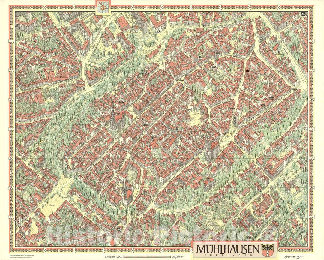 Historic Map : Muehlhausen, Germany., 1994, Vintage Wall Art