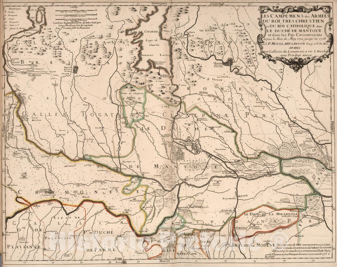 Historic Map : Armed Encampments of the Very Christian King and the Catholic King in the Duchy of Mantua, Italy., 1703, Vintage Wall Art