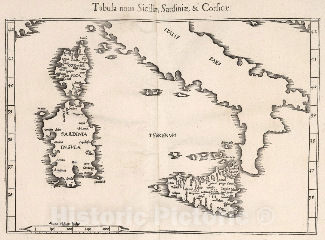 Historic Map : Tabula noua Siciliae & Cardiniae, & Corsicae, 1541, Vintage Wall Art