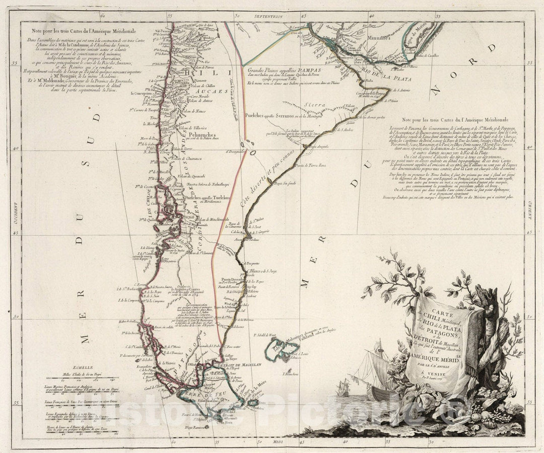 Historic Map : 53. Carte du Chili Meridional, du Rio de la Plata, des Patagons, et du Detroit ... l'Amerique Meridionale., 1779, Vintage Wall Art