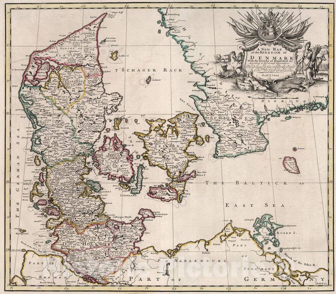 Historic Map : New Map of the Kingdom of Denmark., 1719, Vintage Wall Art