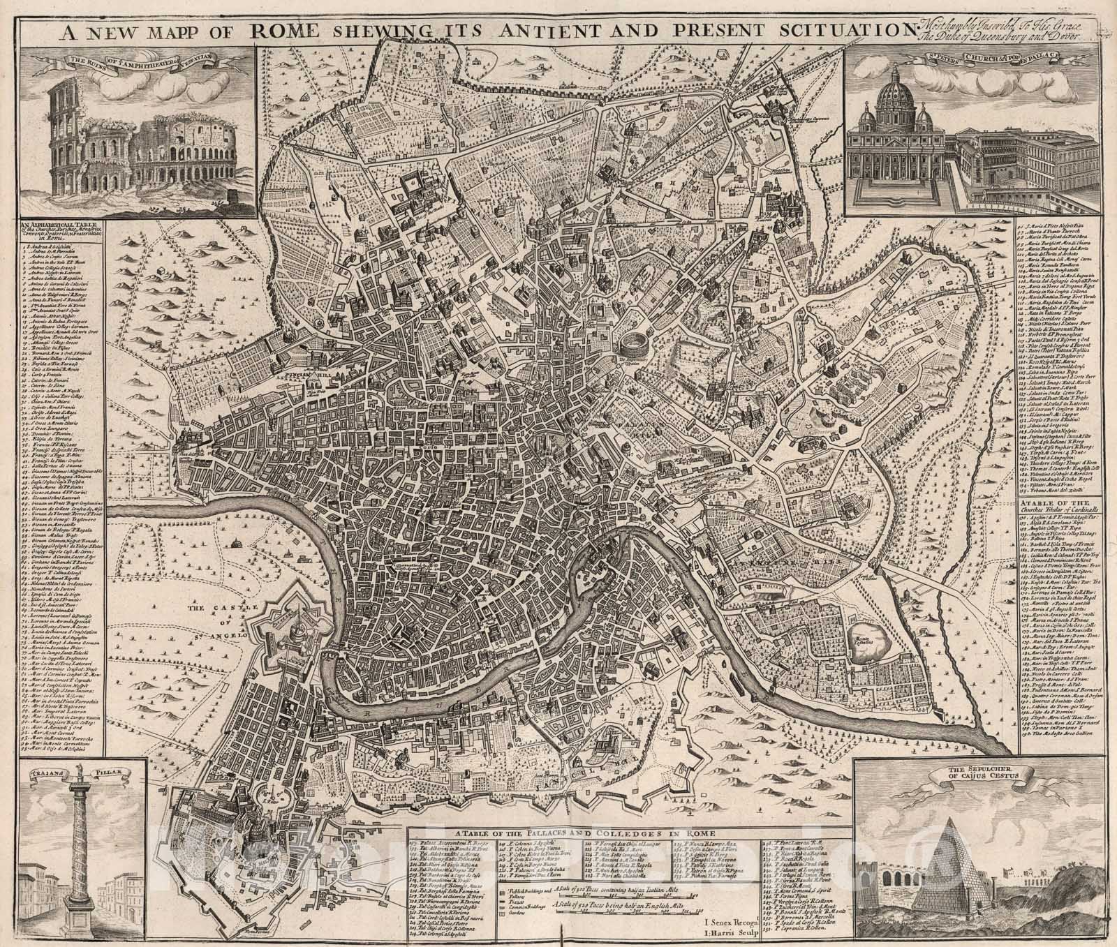 Historic Map : A New Mapp of Rome Shewing Its Antient And Present Scituation. Most Humbly Inscribed to His Grace The Duke of Queensbury and Dover, 1721, Vintage Wall Art