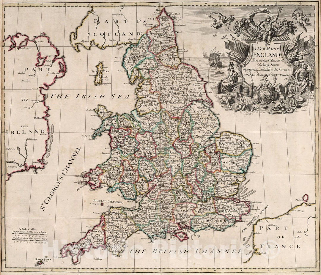 Historic Map : New Map of England., 1721, Vintage Wall Art