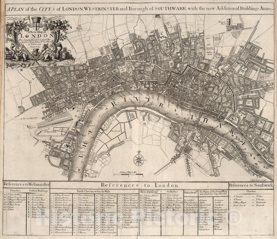 Historic Map : New Map of London., 1721, Vintage Wall Art