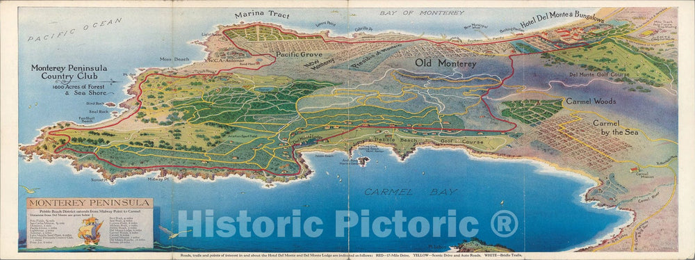 Historic Map : Monterey Peninsula Country Club : 1600 acres of forest & sea shore, 1928, Vintage Wall Art