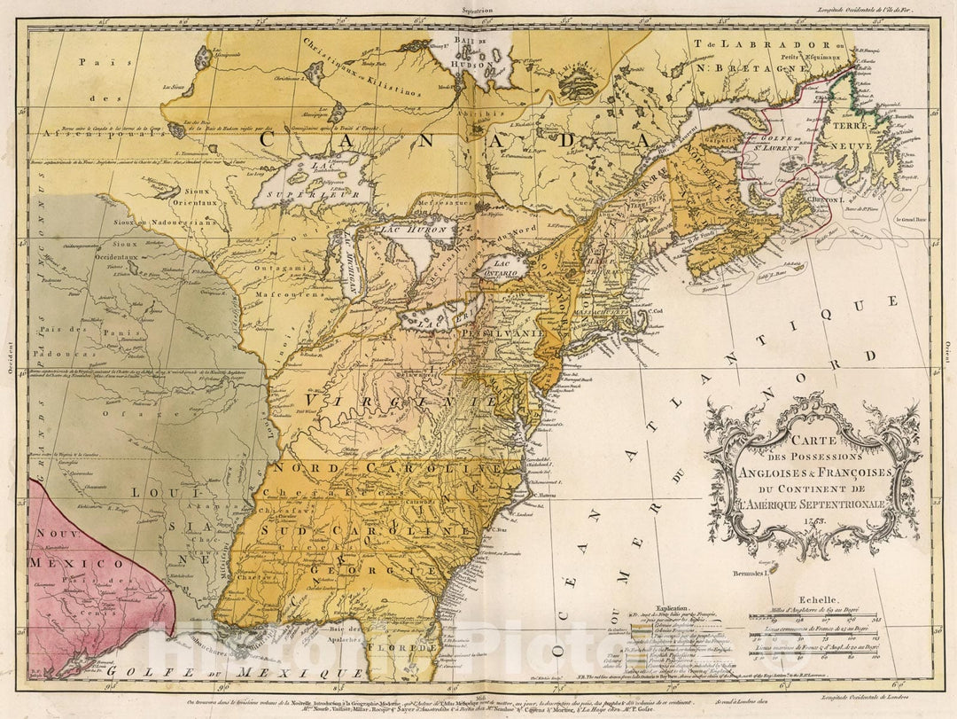 Historic Map : Possessions Angloises & Francoises du Continent de l'Amerique Septentrionale., 1763, Vintage Wall Art