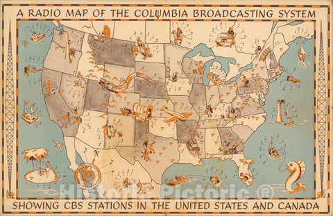 Historic Map : Radio Map of the Columbia Broadcasting System - CBS Stations in the United States and Canada., 1935, Vintage Wall Art