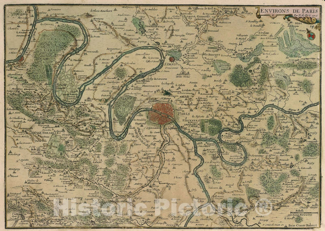 Historic Map : Environs de Paris., 1705, Vintage Wall Art