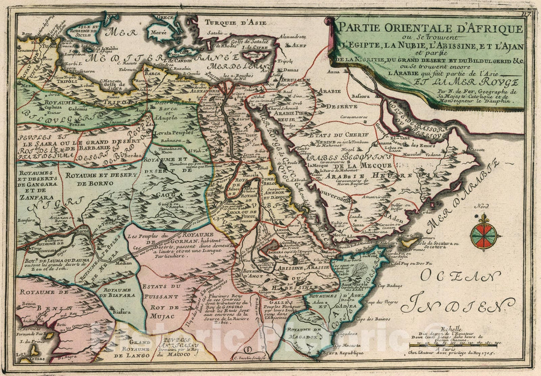 Historic Map : Partie Orientale d'Afrique ou se trouvent l'Egypt, la Nubie, l'Abissine, et l'Ajan., 1705, Vintage Wall Art