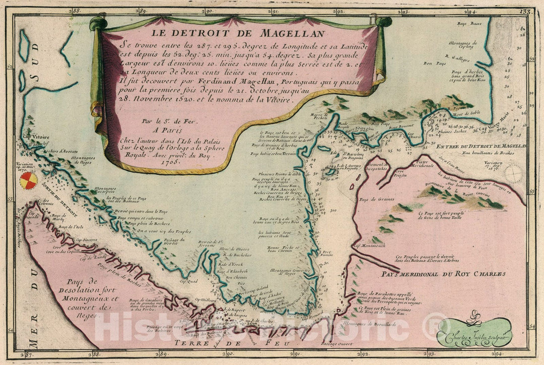 Historic Map : Le Detroit de Magellan., 1705, Vintage Wall Art