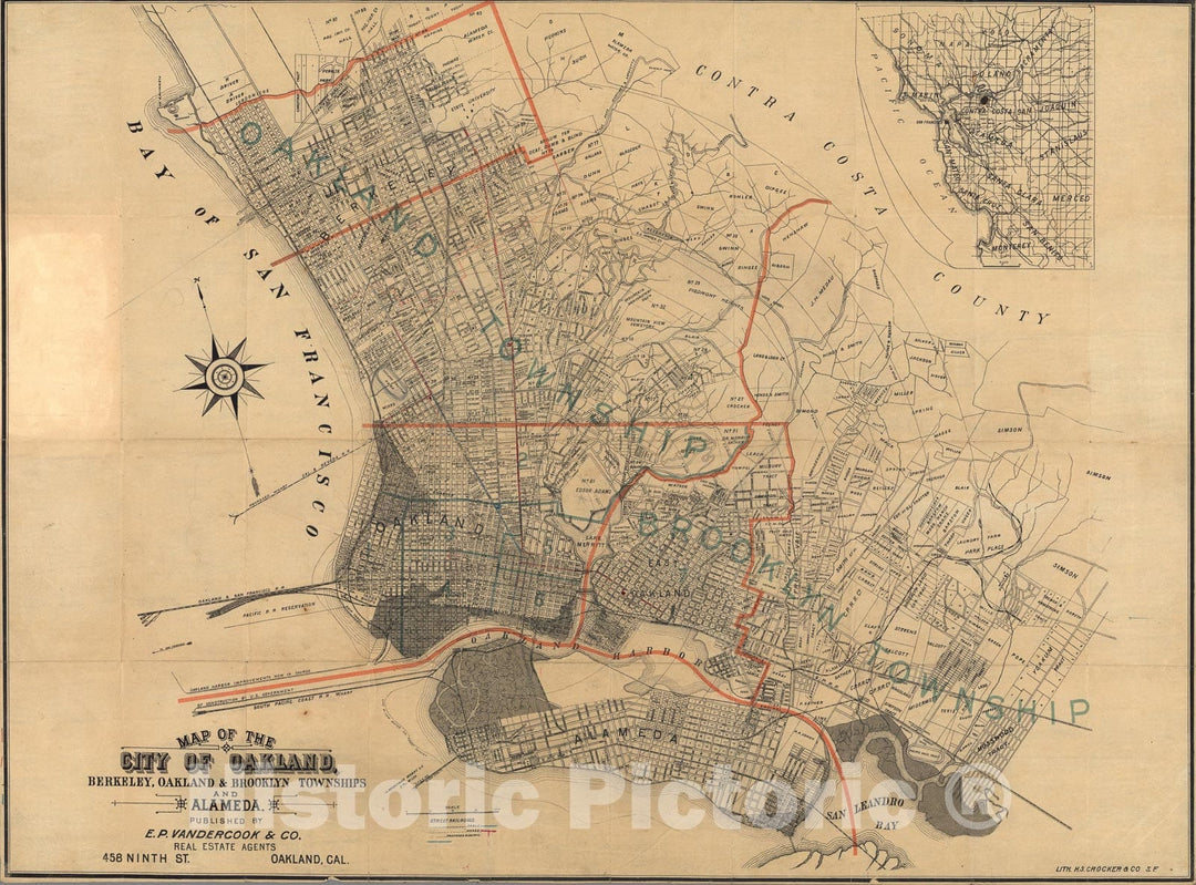 Historic Map : Map of the City of Oakland, Berkeley, Oakland & Brooklyn Townships and Alameda, 1889, Vintage Wall Art