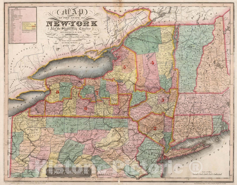 Historic Map : Map of the State of New-York and the Surrounding Country., 1840, Vintage Wall Art