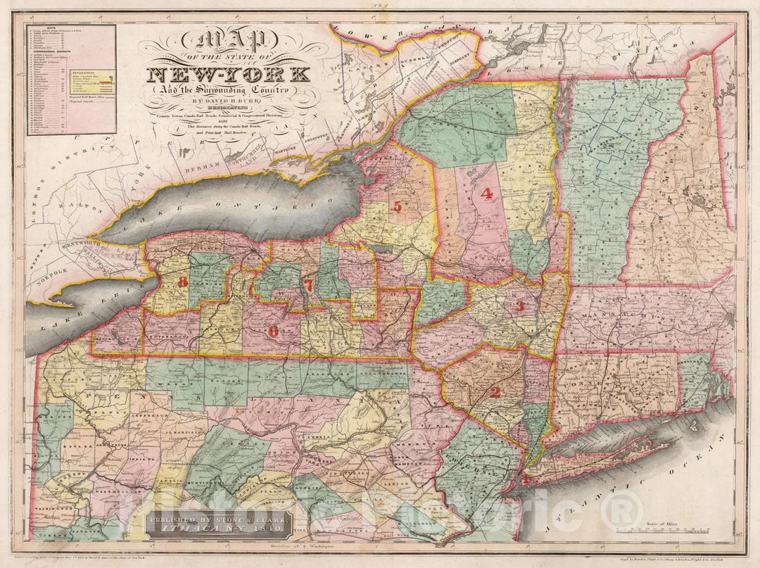 Historic Map : Map of the State of New-York and the Surrounding Country., 1840, Vintage Wall Art