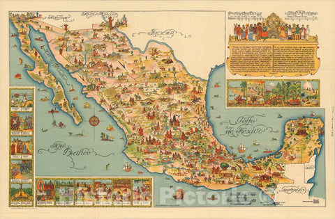 Historic Map : Pictorial Map of Mexico. Published by Fischgrund Pubishing Co., 1931, Vintage Wall Art