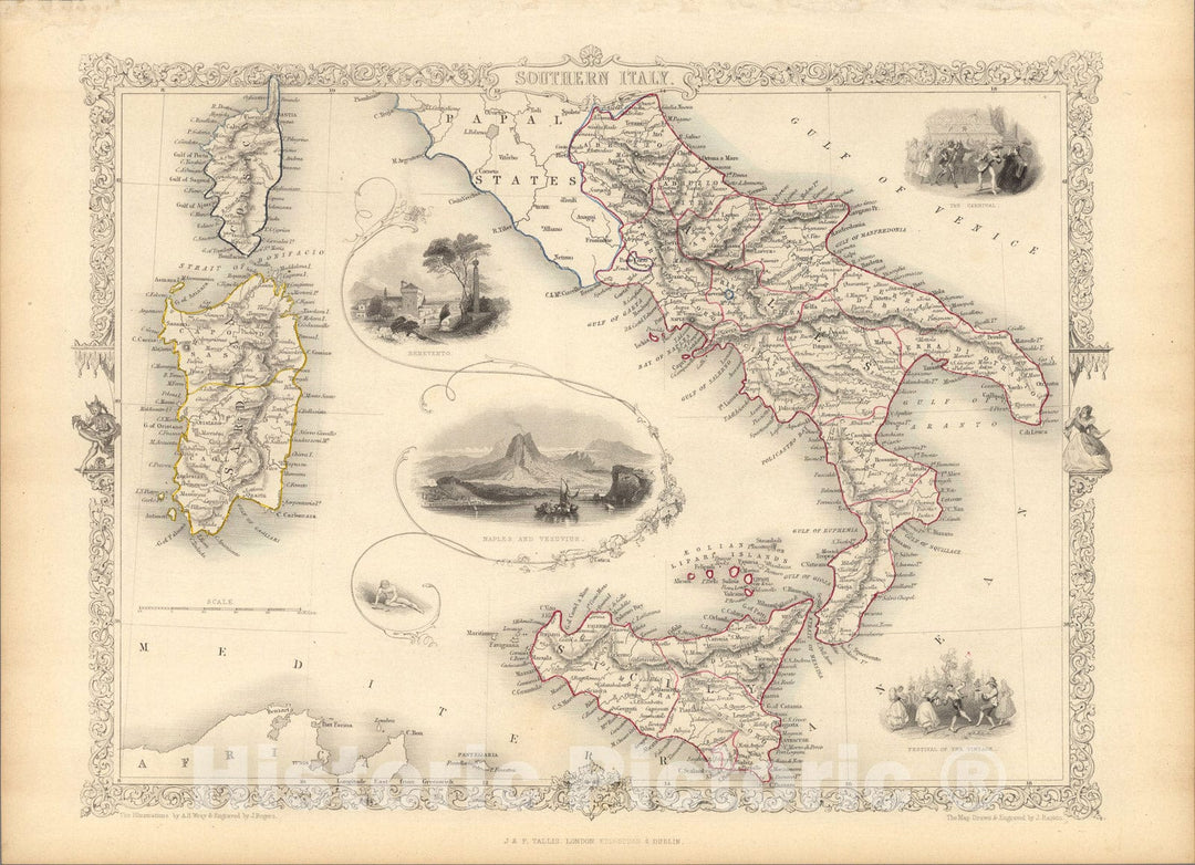 Historic Map : Southern Italy., 1851, Vintage Wall Art