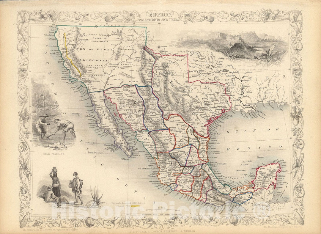 Historic Map : Mexico, California and Texas., 1851, Vintage Wall Art