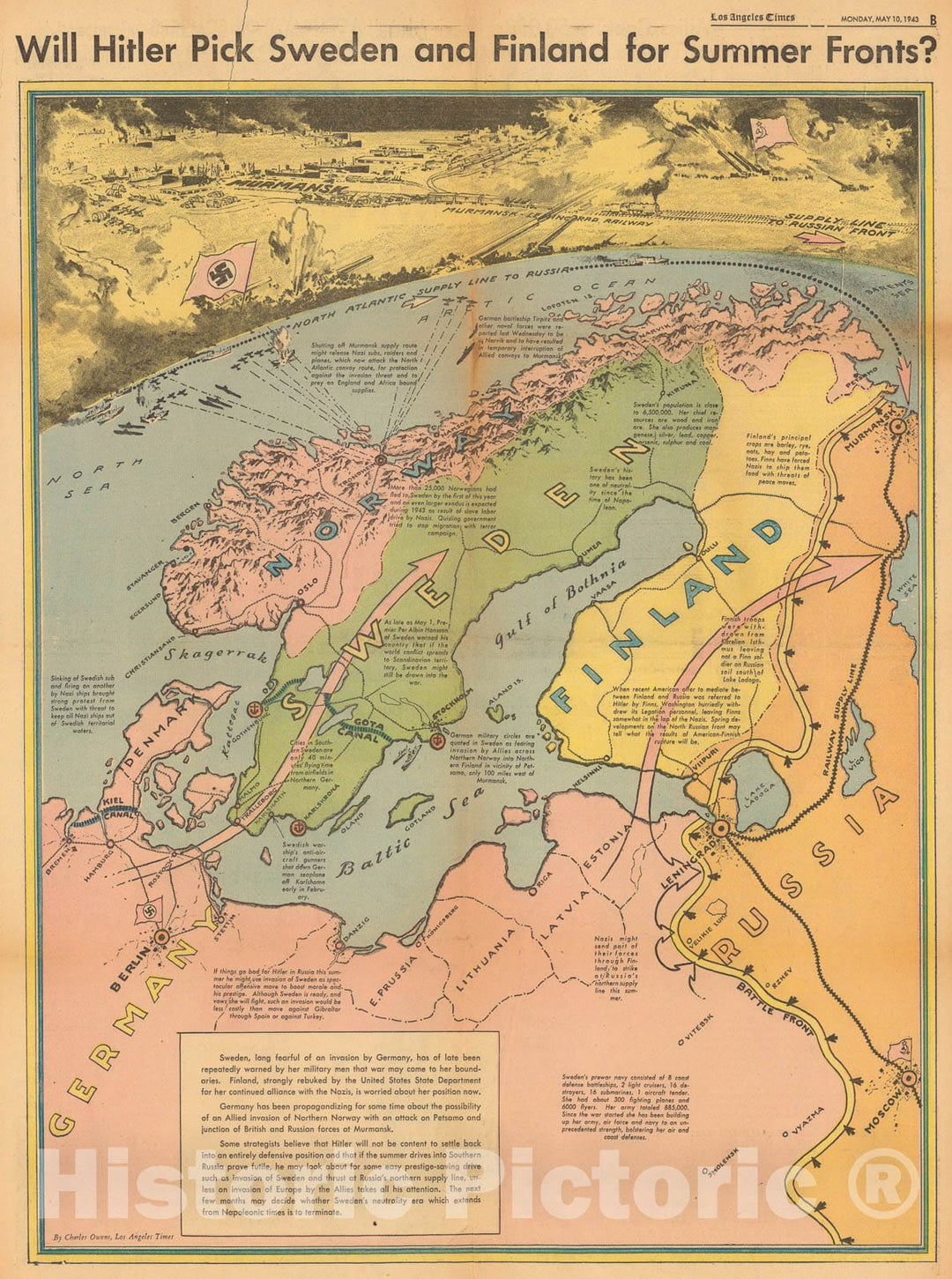 Historic Map : Will Hitler pick Sweden and Finland for Summer front, 1943, Vintage Wall Art