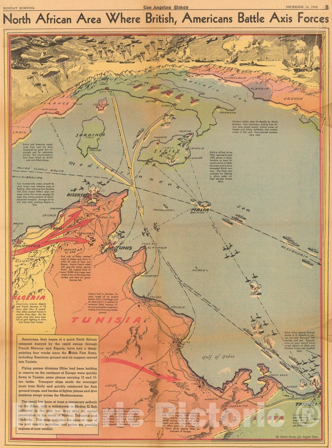 Historic Map : North African area where British, American battle Axis forces, 1942, Vintage Wall Art