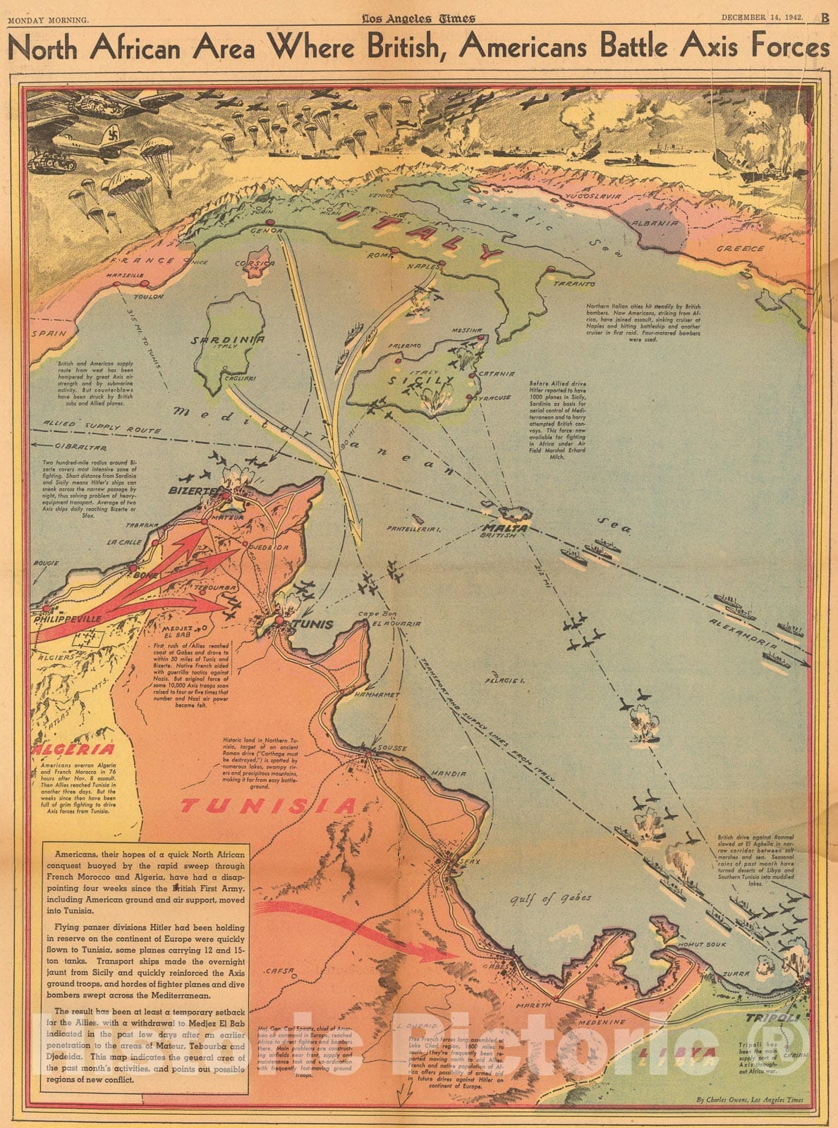 Historic Map : North African area where British, American battle Axis forces, 1942, Vintage Wall Art