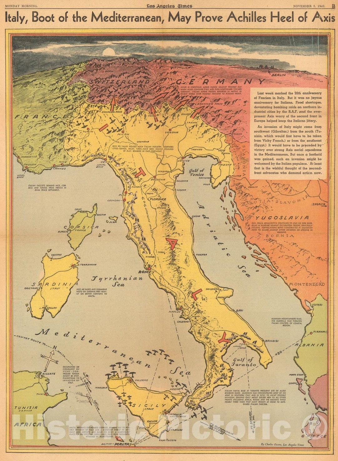 Historic Map : Italy, boot of the Mediterranean, may prove Achilles Heel of Axis, 1942, Vintage Wall Art