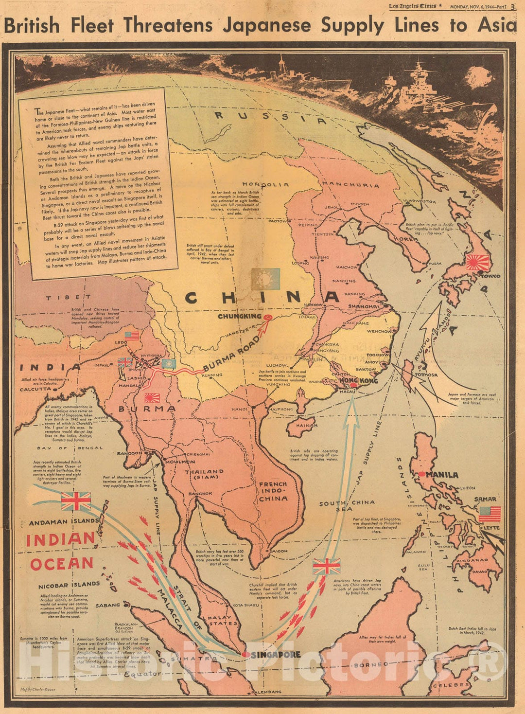 Historic Map : British fleet threatens Japanese supply lines to Asia, 1944, Vintage Wall Art