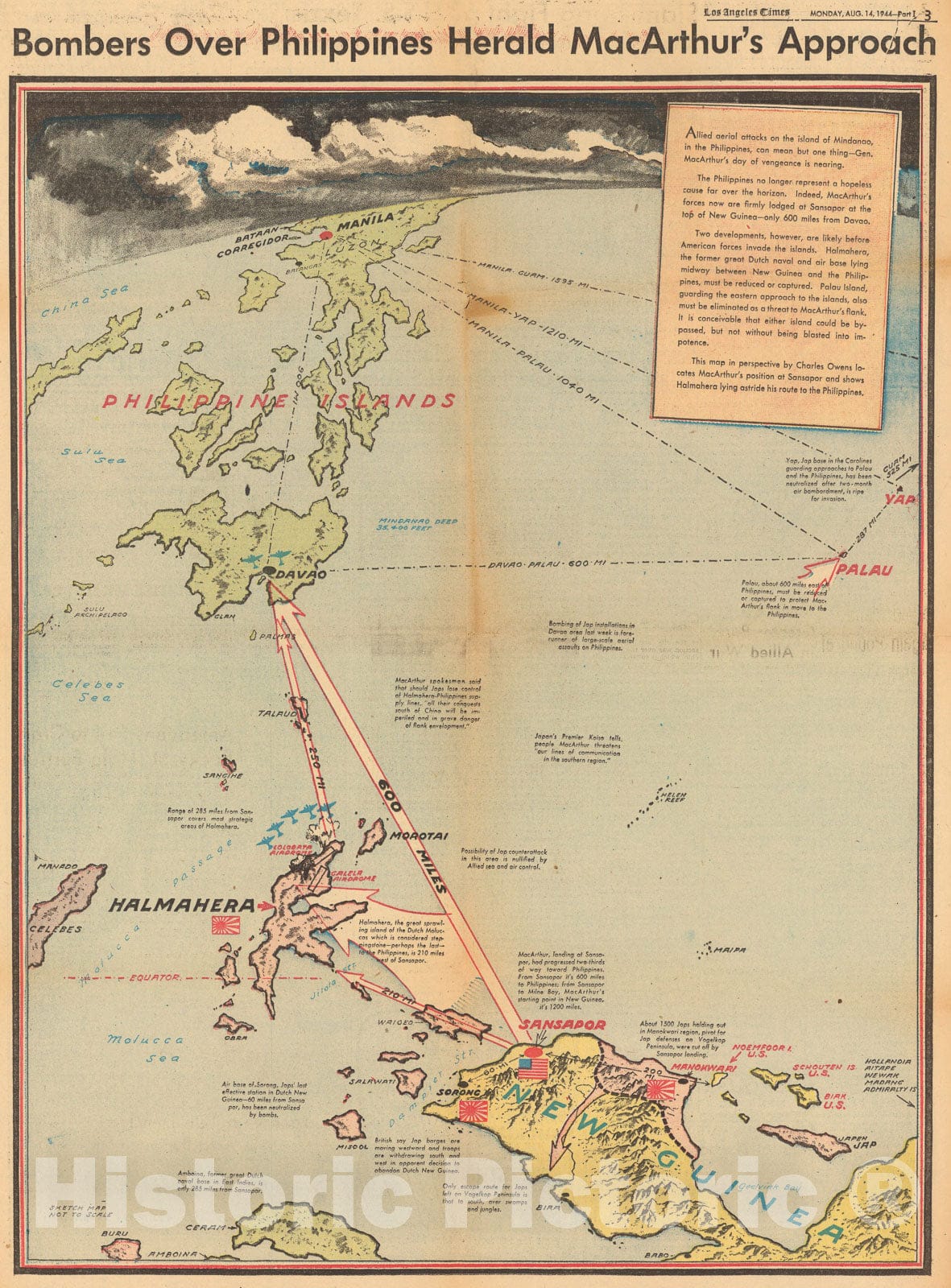 Historic Map : Bombers over Philippines Herald MacArthur's approach, 1944, Vintage Wall Art