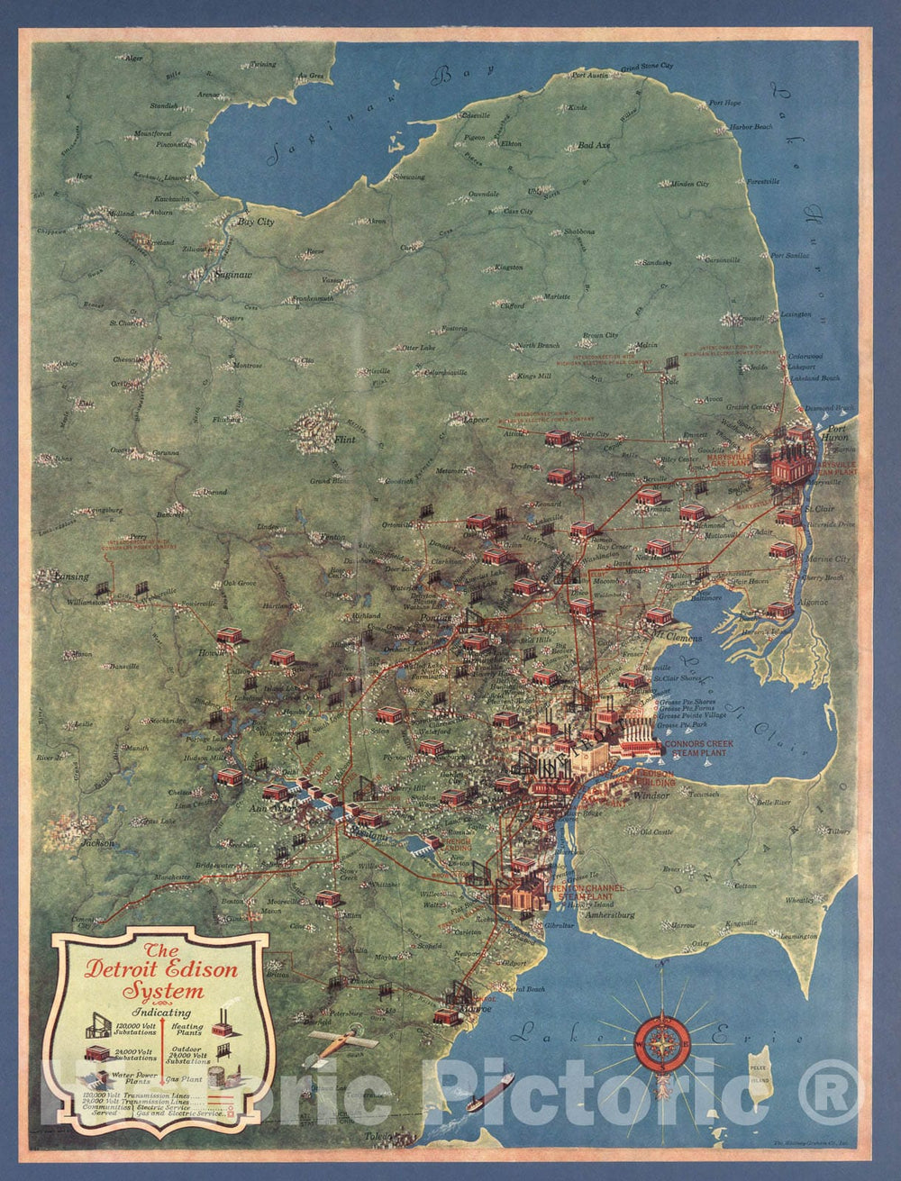 Historic Map : The Detroit Edison system, 1928, Vintage Wall Art