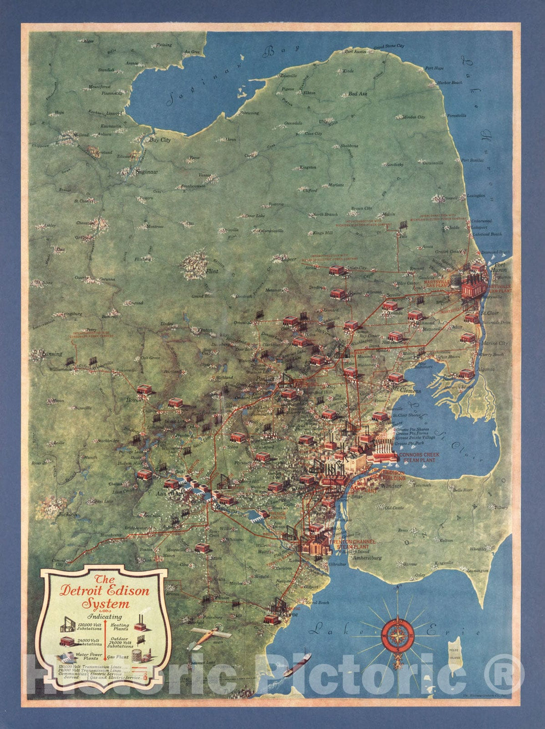 Historic Map : The Detroit Edison system, 1928, Vintage Wall Art