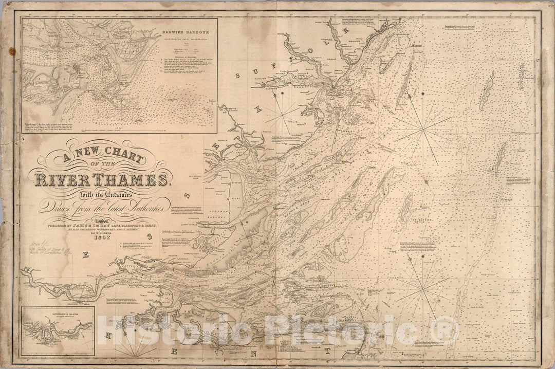 Historic Map : A new chart of the River Thames. With its entrances, 1852, Vintage Wall Art