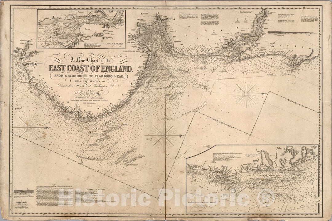 Historic Map : A new chart of the East Coast of England : From Orfordness to Flamboro Head, 1852, Vintage Wall Art