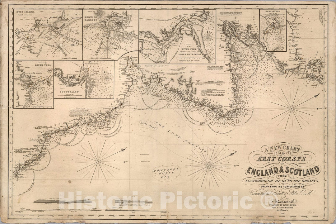 Historic Map : A new chart of the East Coast of England and Scotland, 1852, Vintage Wall Art