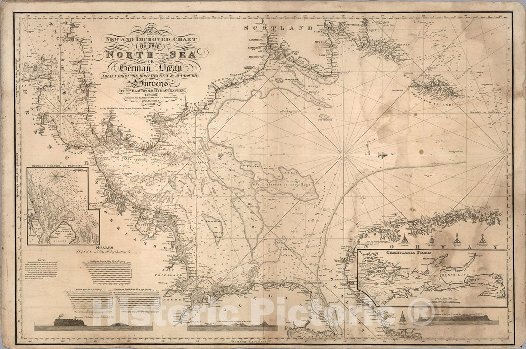 Historic Map : A new and improved chart of the North Sea or German Ocean, 1852, Vintage Wall Art