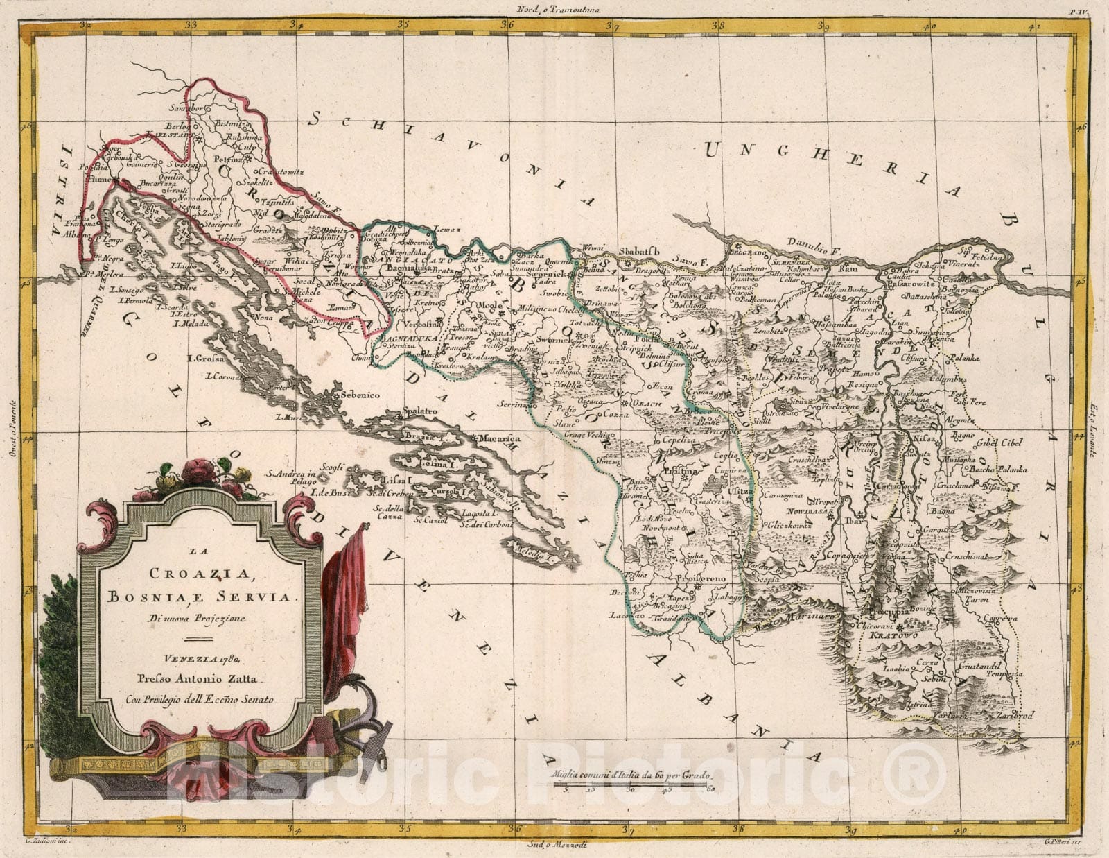 Historic Map : La Croazia, Bosnia, e Servia, 1782, Vintage Wall Art