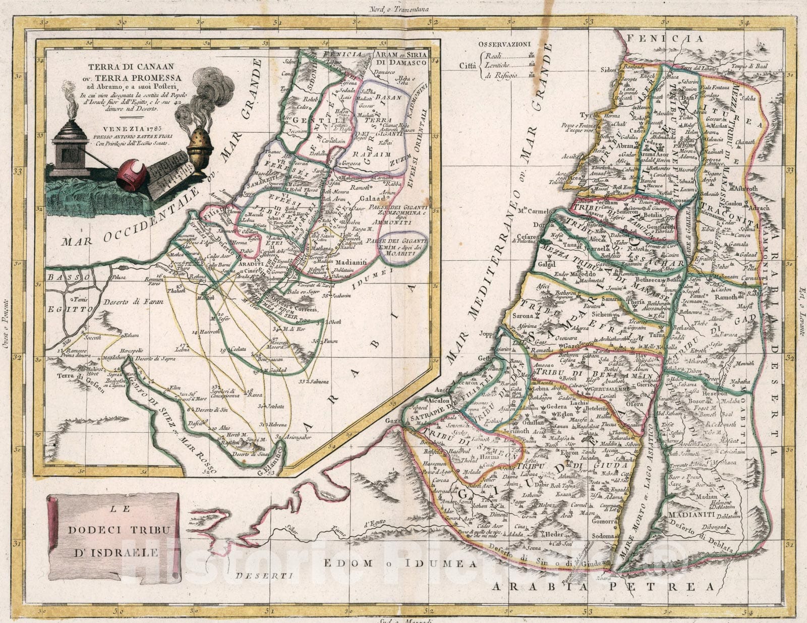 Historic Map : Terra di Canaan ov Terra Promessa ad Abramo. Le Dodeci Tribu dIsdraele, 1785, Vintage Wall Art