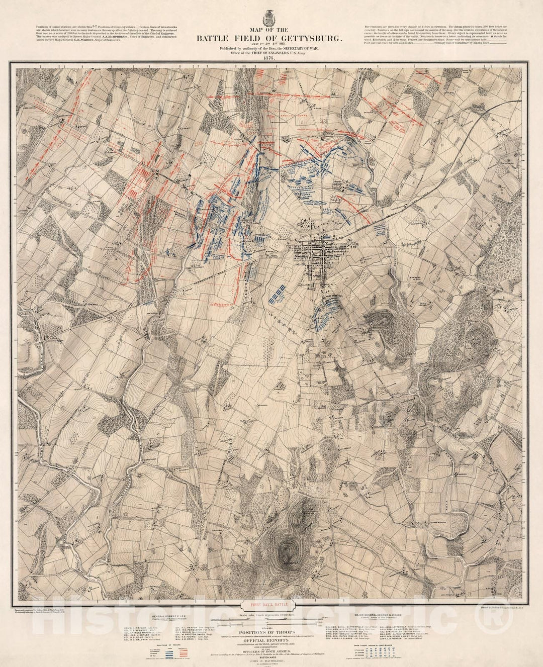 Historic Map : First days battle. Gettysburg, July 1st, 1863., 1876, Vintage Wall Art