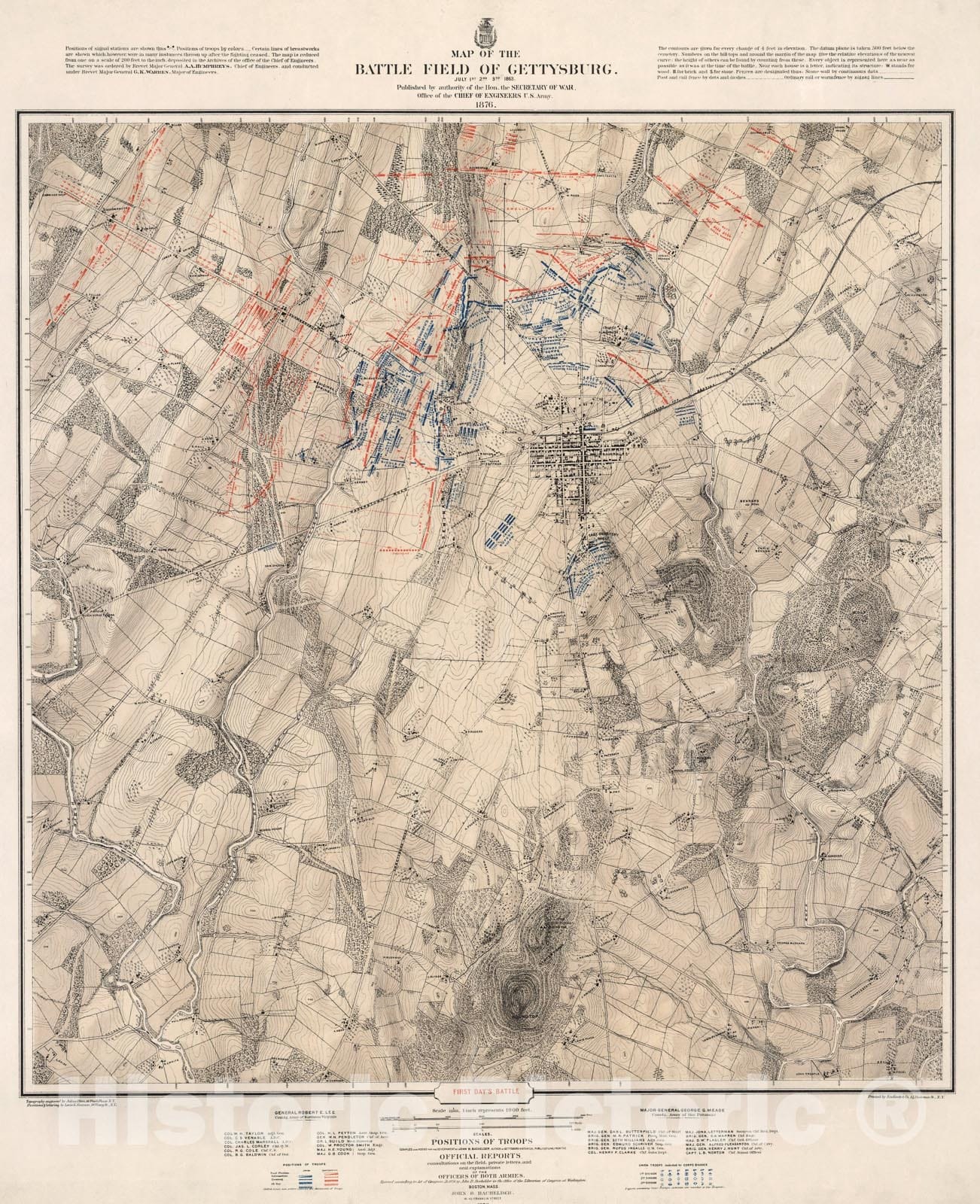 Historic Map : First days battle. Gettysburg, July 1st, 1863., 1876, Vintage Wall Art