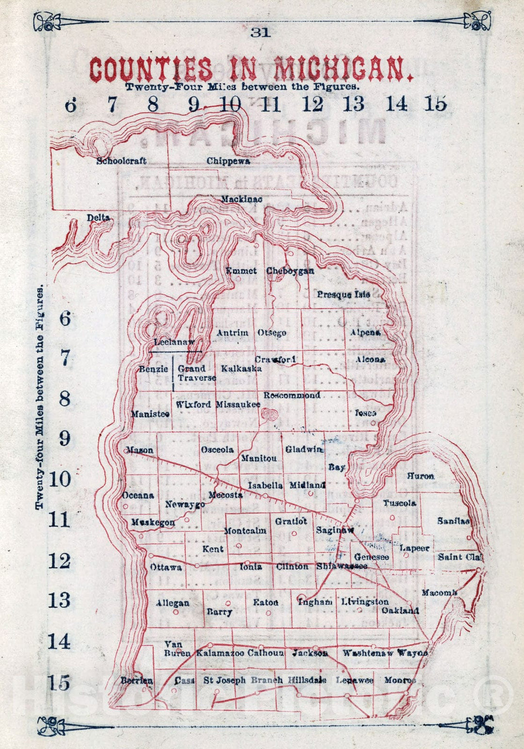 Historic Map : Counties in Michigan, 1866, Vintage Wall Art